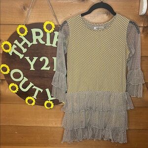 Mustard Pie Ruffle Lace Tiered Polka Dot Yellow Gold Grey Boutique Dress Cotton